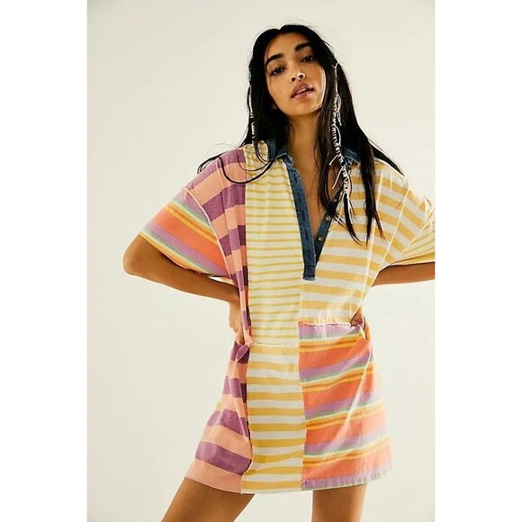 Free People Charlie Tee Tunic Mini Dress Striped Printed Oversized S New 282900 - Picture 1 of 9
